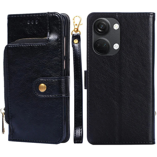 Phone Case for OnePlus Nord 3 5G / Ace 2V 5G Zipper Pocket PU Leather Wallet Foldable Stand Cover with Strap - Black - 1