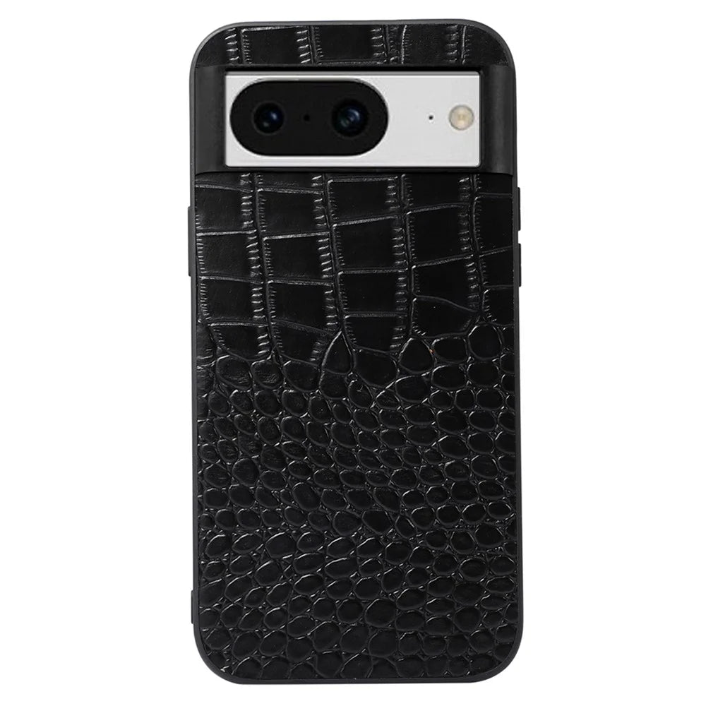 For Google Pixel 8 Crocodile Texture Phone Case Genuine Cowhide Leather+PC+TPU Cover - Black - 1