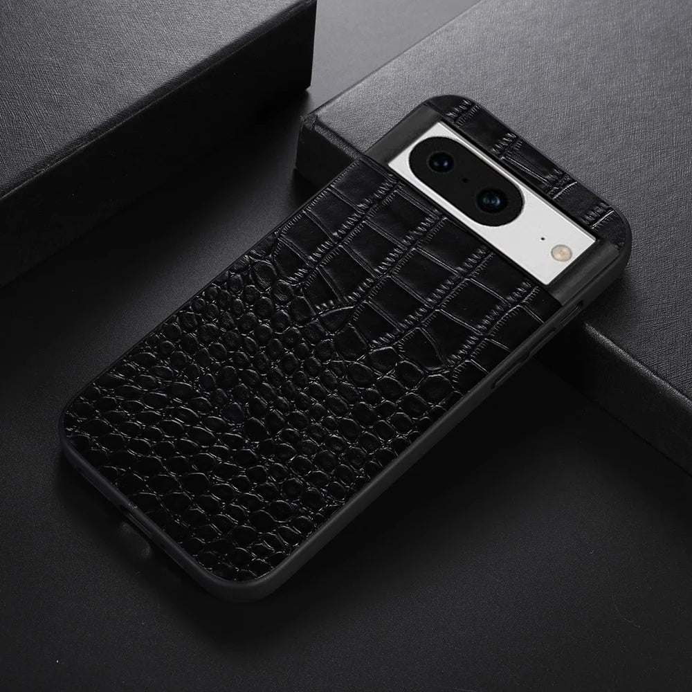 For Google Pixel 8 Crocodile Texture Phone Case Genuine Cowhide Leather+PC+TPU Cover - Black - 2