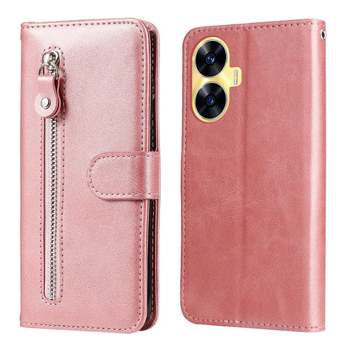 Zipper Pocket Leather Phone Case for Realme C55 4G , Calf Texture Stand Wallet Phone Cover - Pink - 1