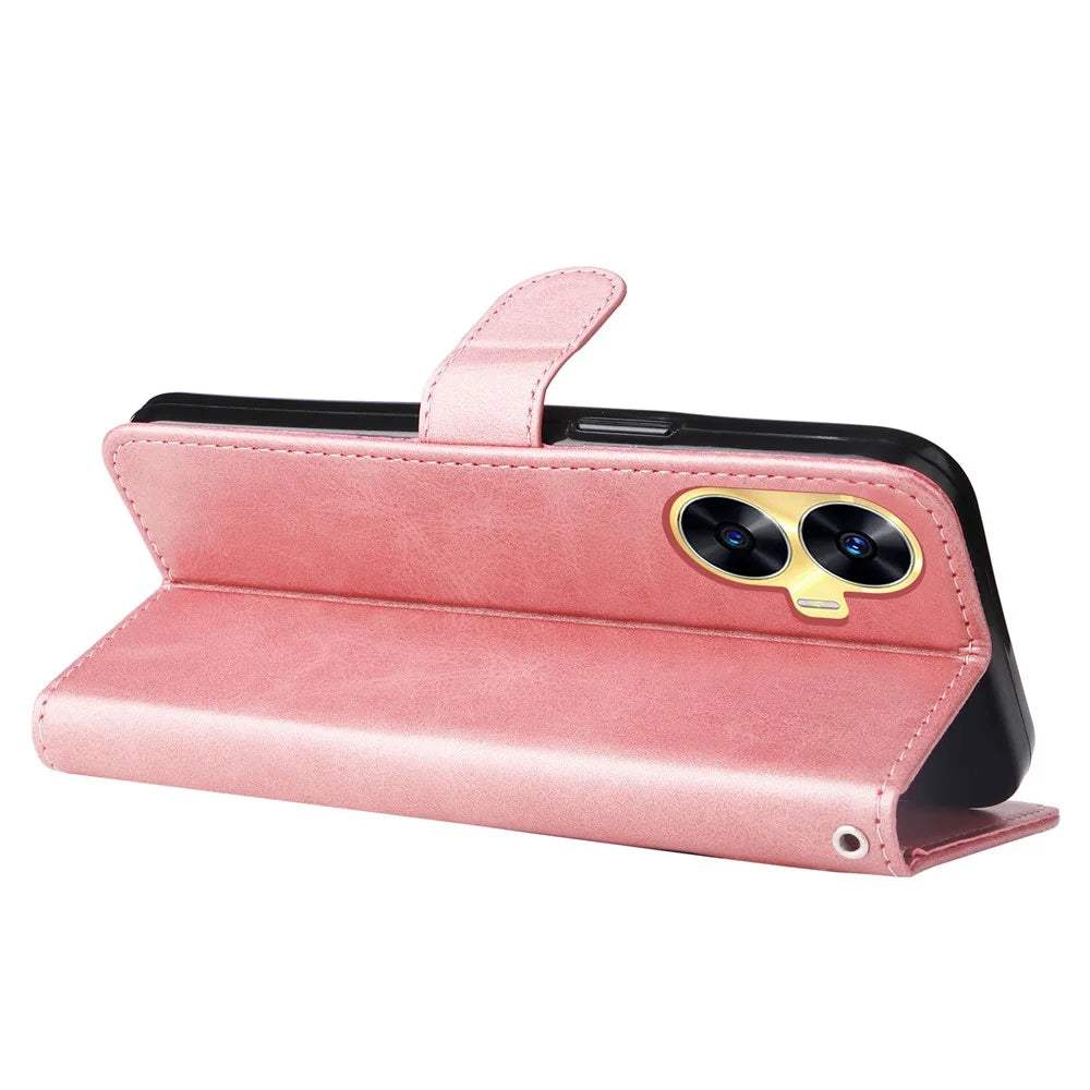 Zipper Pocket Leather Phone Case for Realme C55 4G , Calf Texture Stand Wallet Phone Cover - Pink - 4