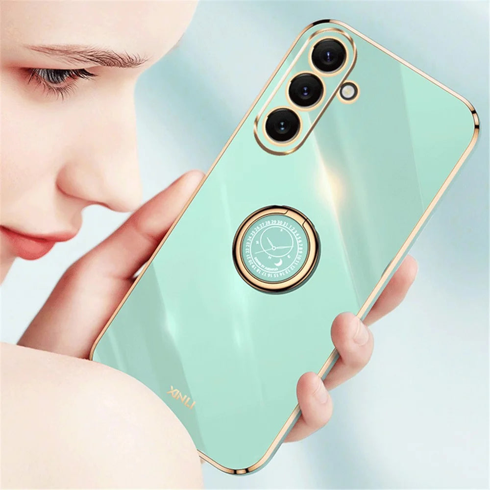 XINLI Ring Kickstand Phone Case for Samsung Galaxy M54 5G / F54 5G Electroplated Precise Lens Cut-out TPU Cover - Cyan - 3