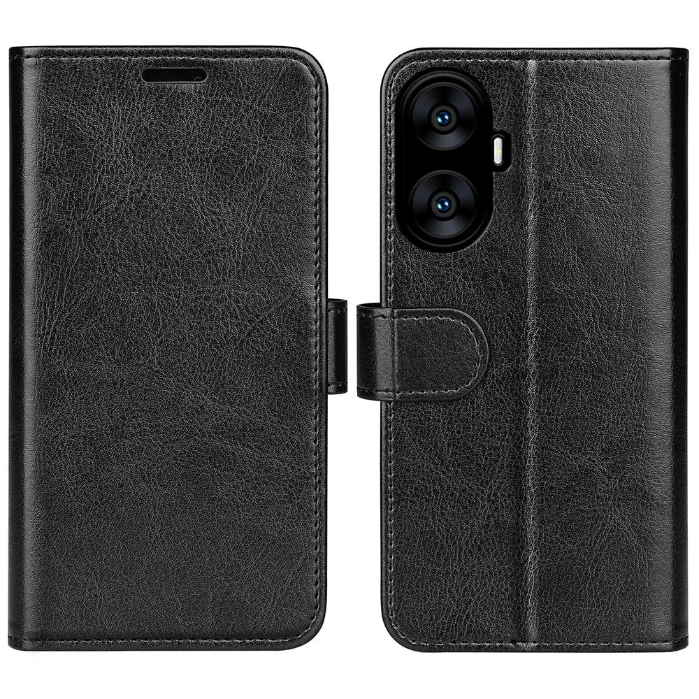 For Realme C55 Shockproof Crazy Horse Texture Phone Case PU Leather Wallet Flip Stand Cover - Black - 1