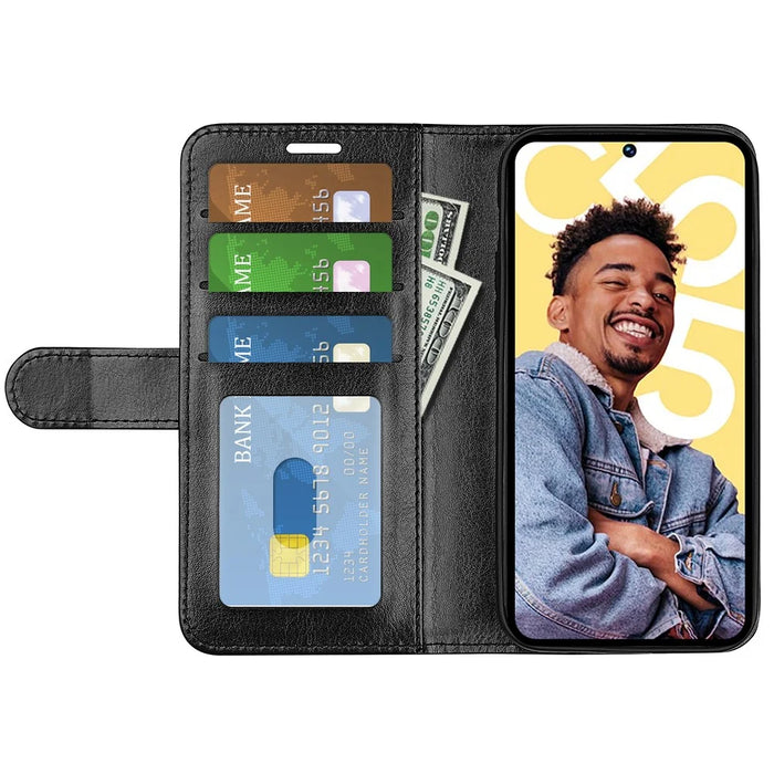 For Realme C55 Shockproof Crazy Horse Texture Phone Case PU Leather Wallet Flip Stand Cover - Black - 2