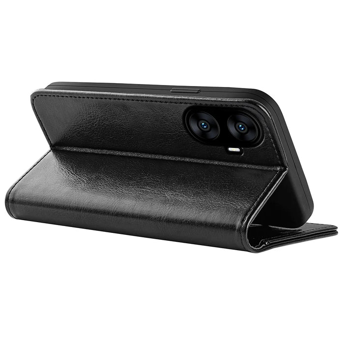 For Realme C55 Shockproof Crazy Horse Texture Phone Case PU Leather Wallet Flip Stand Cover - Black - 4