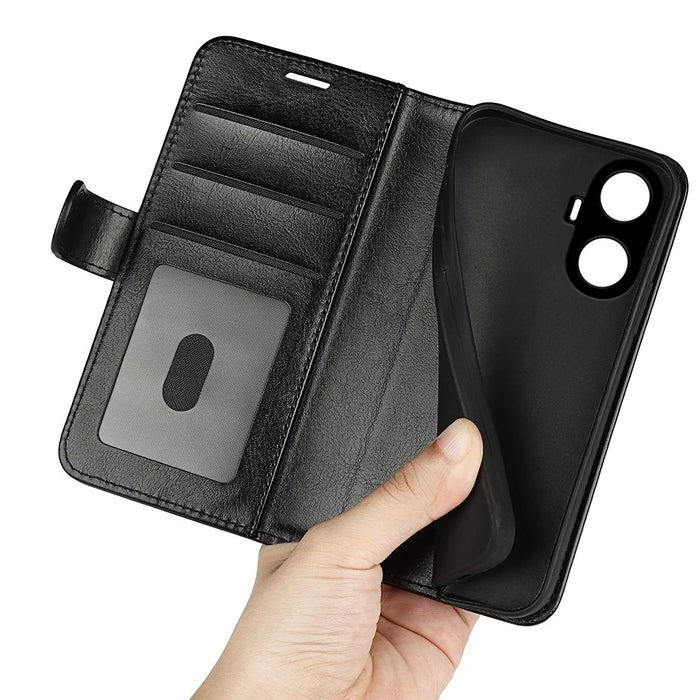 For Realme C55 Shockproof Crazy Horse Texture Phone Case PU Leather Wallet Flip Stand Cover - Black - 5