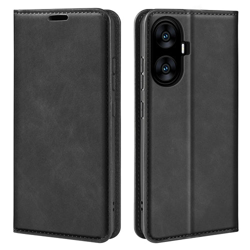 For Realme C55 Anti-scratch Skin-touch Leather Phone Wallet Case Folio Flip Stand Phone Cover - Black - 1