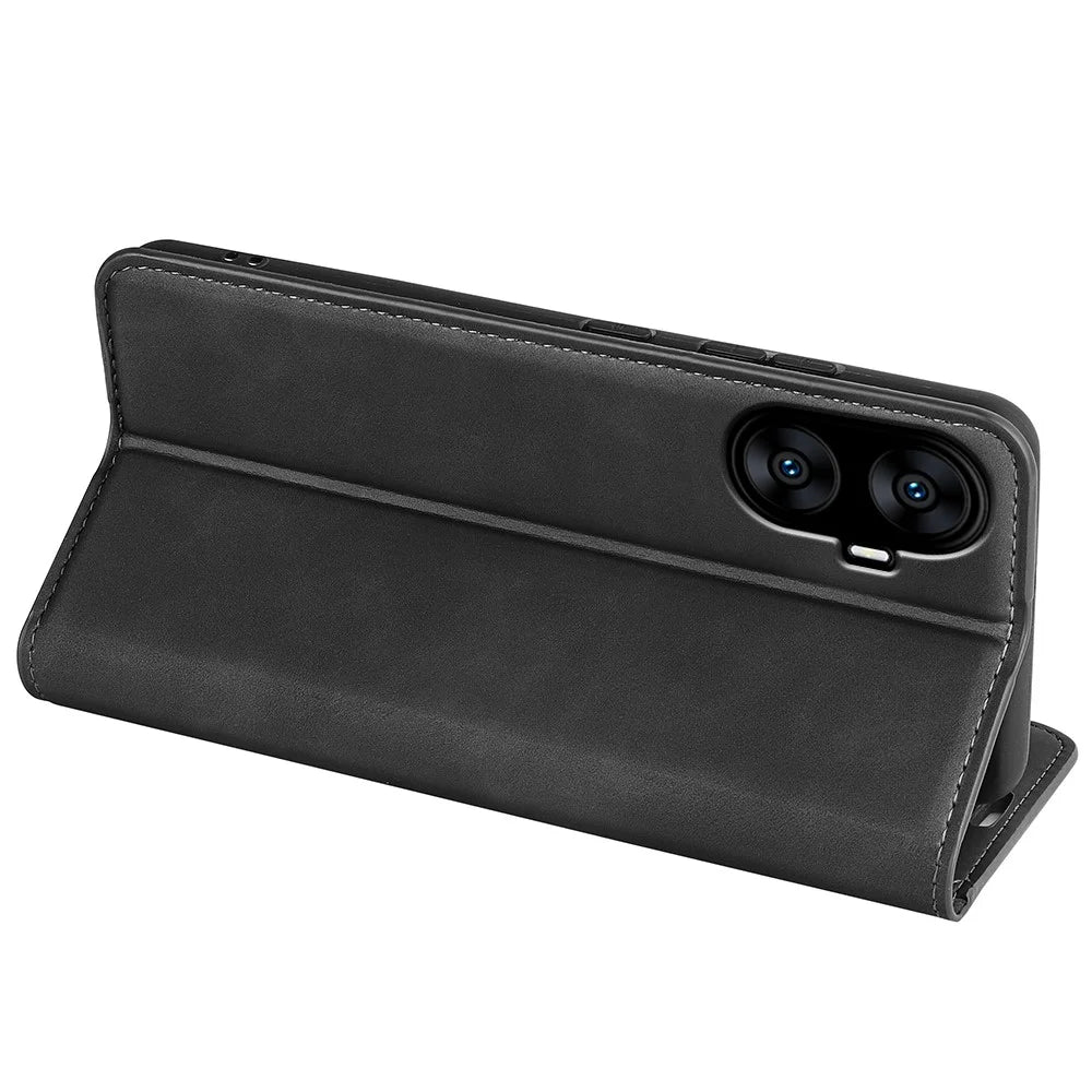 For Realme C55 Anti-scratch Skin-touch Leather Phone Wallet Case Folio Flip Stand Phone Cover - Black - 4