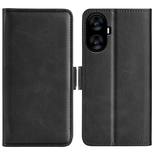 For Realme C55 4G PU Leather Flip Protective Case Calf Texture Wallet Stand Phone Cover - Black - 1
