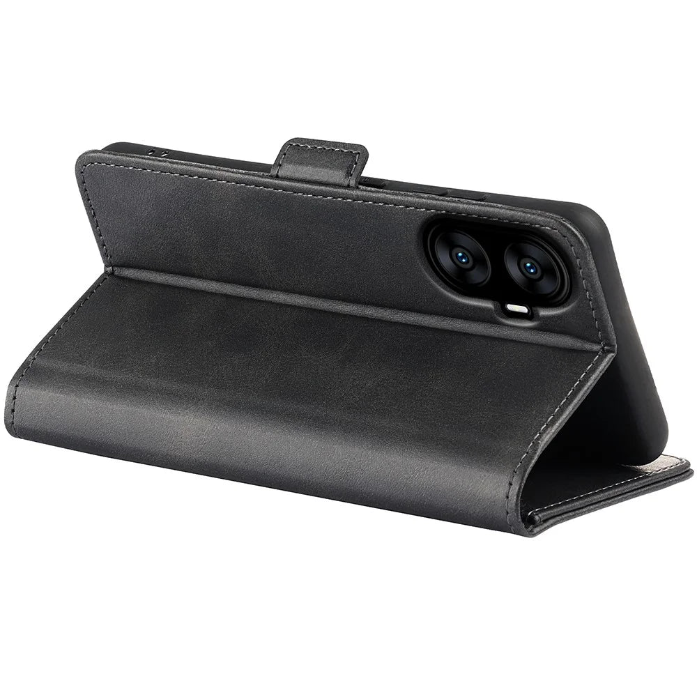 For Realme C55 4G PU Leather Flip Protective Case Calf Texture Wallet Stand Phone Cover - Black - 4