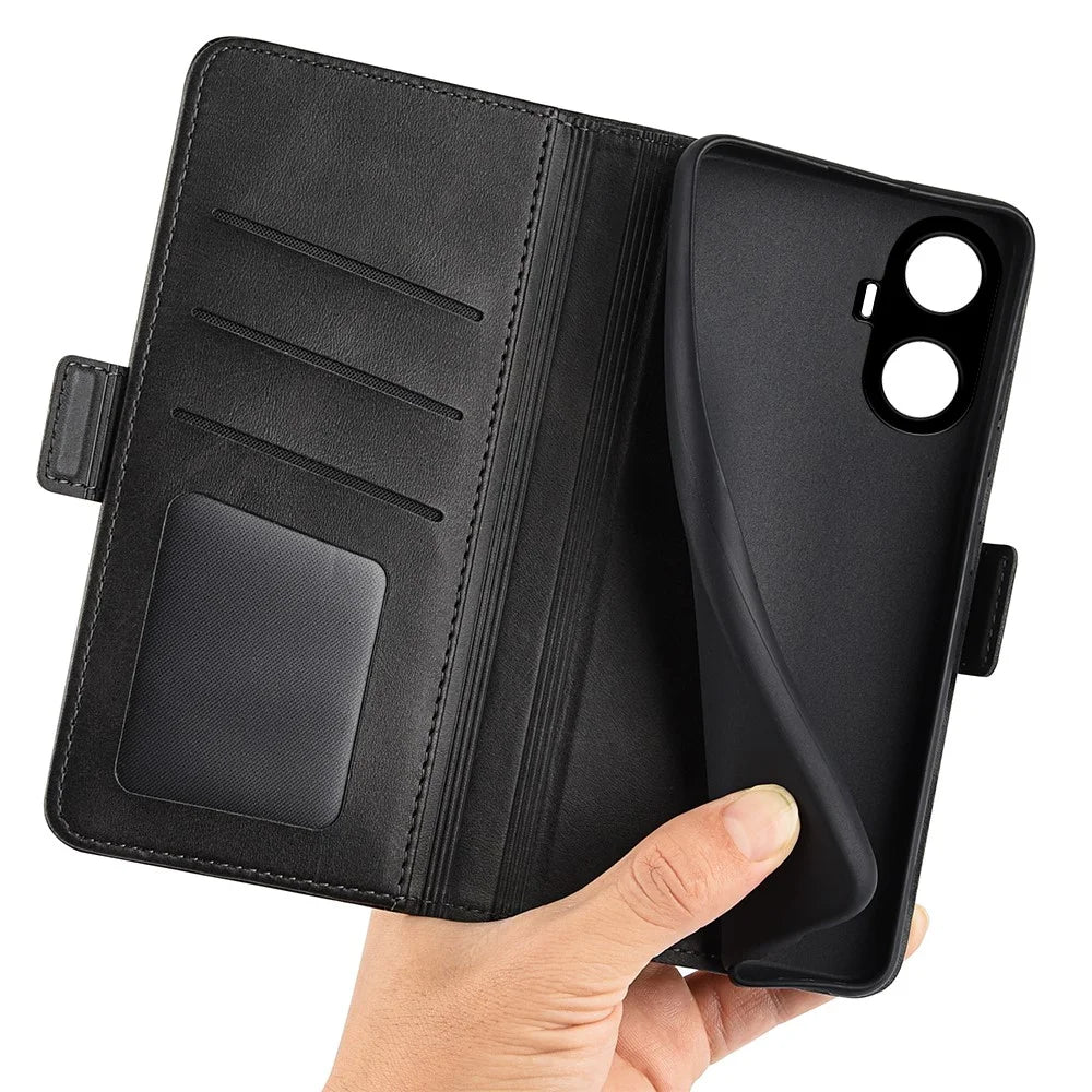 For Realme C55 4G PU Leather Flip Protective Case Calf Texture Wallet Stand Phone Cover - Black - 5