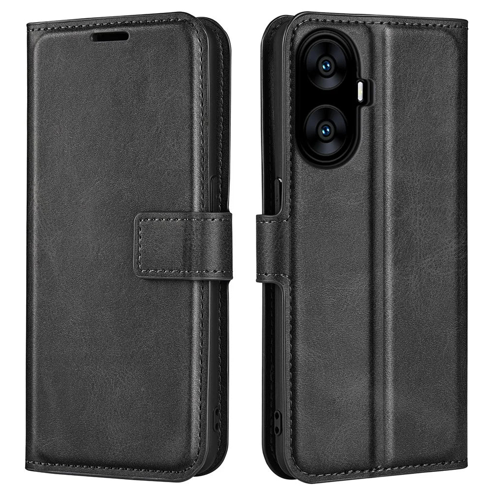 For Realme C55 Wallet Shell Calf Texture Square Magnetic Clasp Stand PU Leather Phone Case - Black - 1