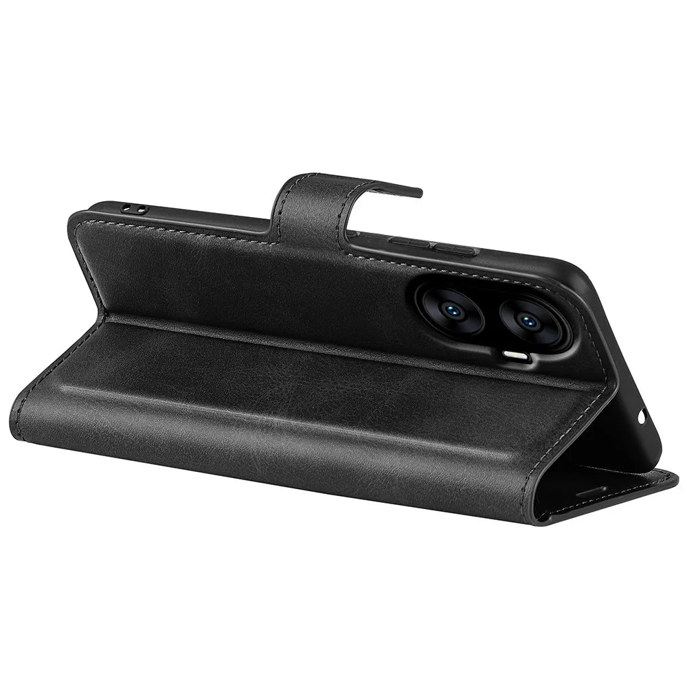 For Realme C55 Wallet Shell Calf Texture Square Magnetic Clasp Stand PU Leather Phone Case - Black - 4
