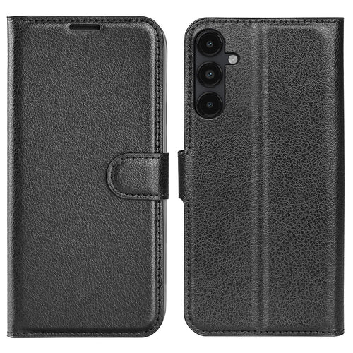 PU Leather Phone Shell for Samsung Galaxy M14 5G Litchi Texture Wallet Cover Stand Phone Case - Black - 1