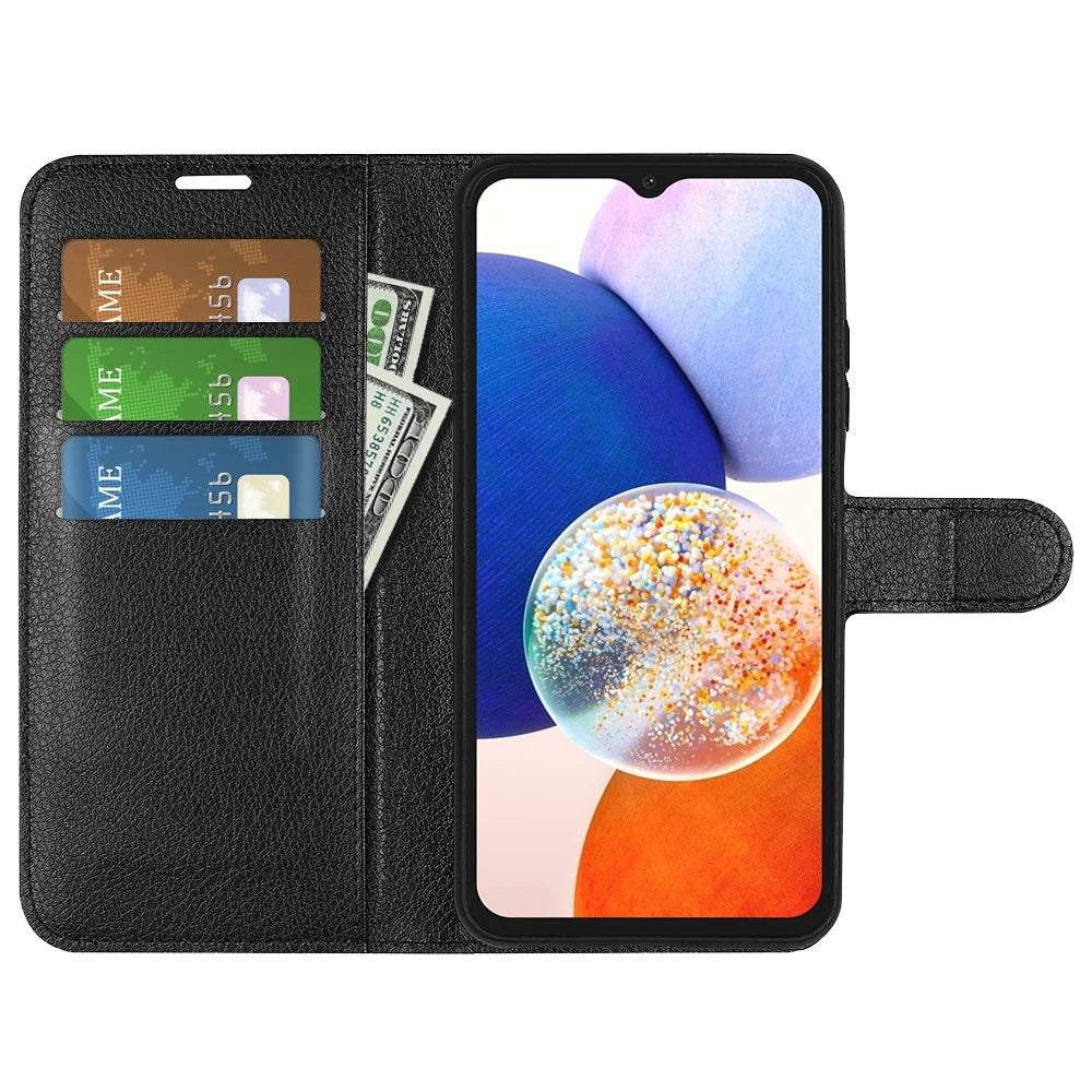 PU Leather Phone Shell for Samsung Galaxy M14 5G Litchi Texture Wallet Cover Stand Phone Case - Black - 2