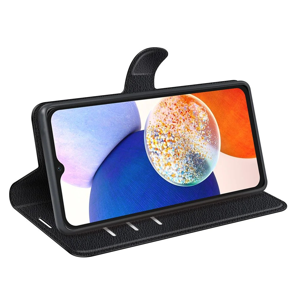 PU Leather Phone Shell for Samsung Galaxy M14 5G Litchi Texture Wallet Cover Stand Phone Case - Black - 3