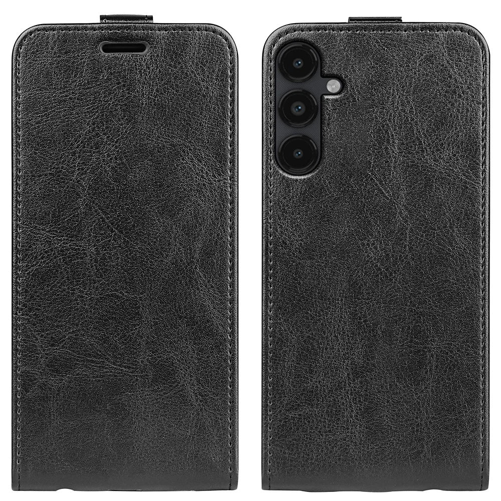 For Samsung Galaxy M14 5G Vertical Flip Leather Phone Case Card Holder Crazy Horse Texture Protective Cover - Black - 1