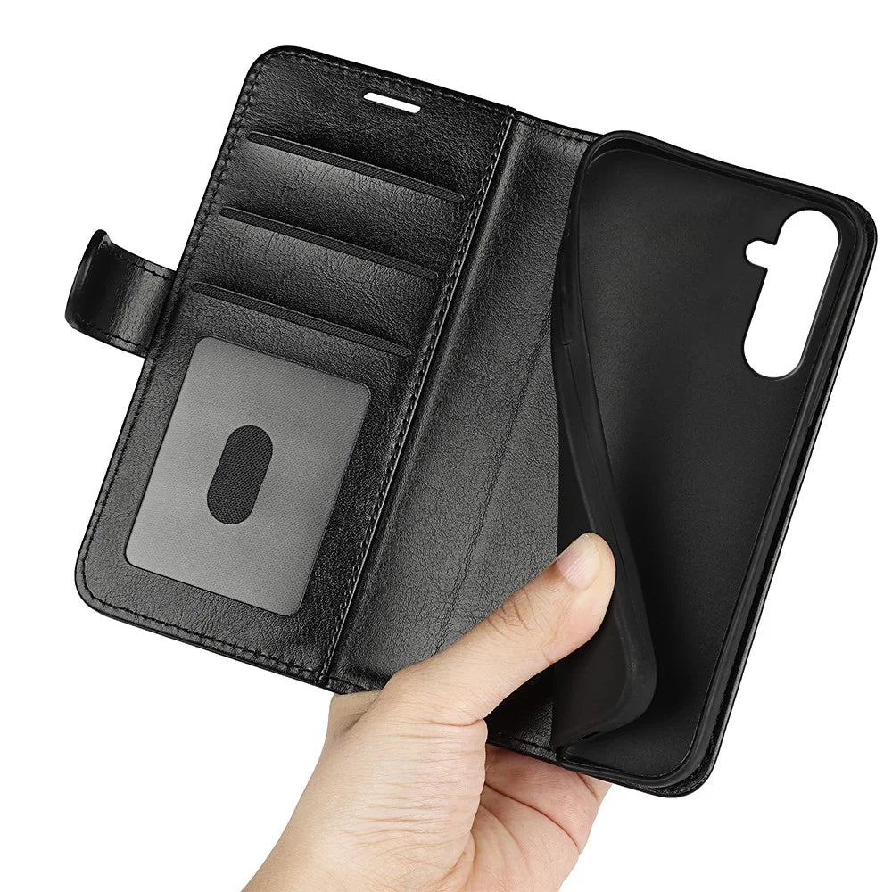 For Samsung Galaxy M14 5G Leather Phone Case Wallet Crazy Horse Texture Stand Phone Cover - Black - 5