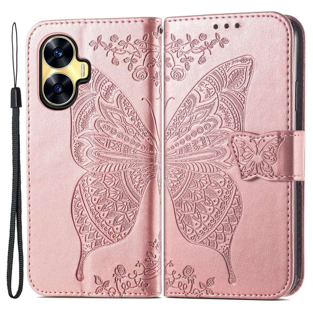 For Realme C55 4G Butterfly Imprint Leather Phone Case Wallet Phone Stand Cover - Rose Gold - 1