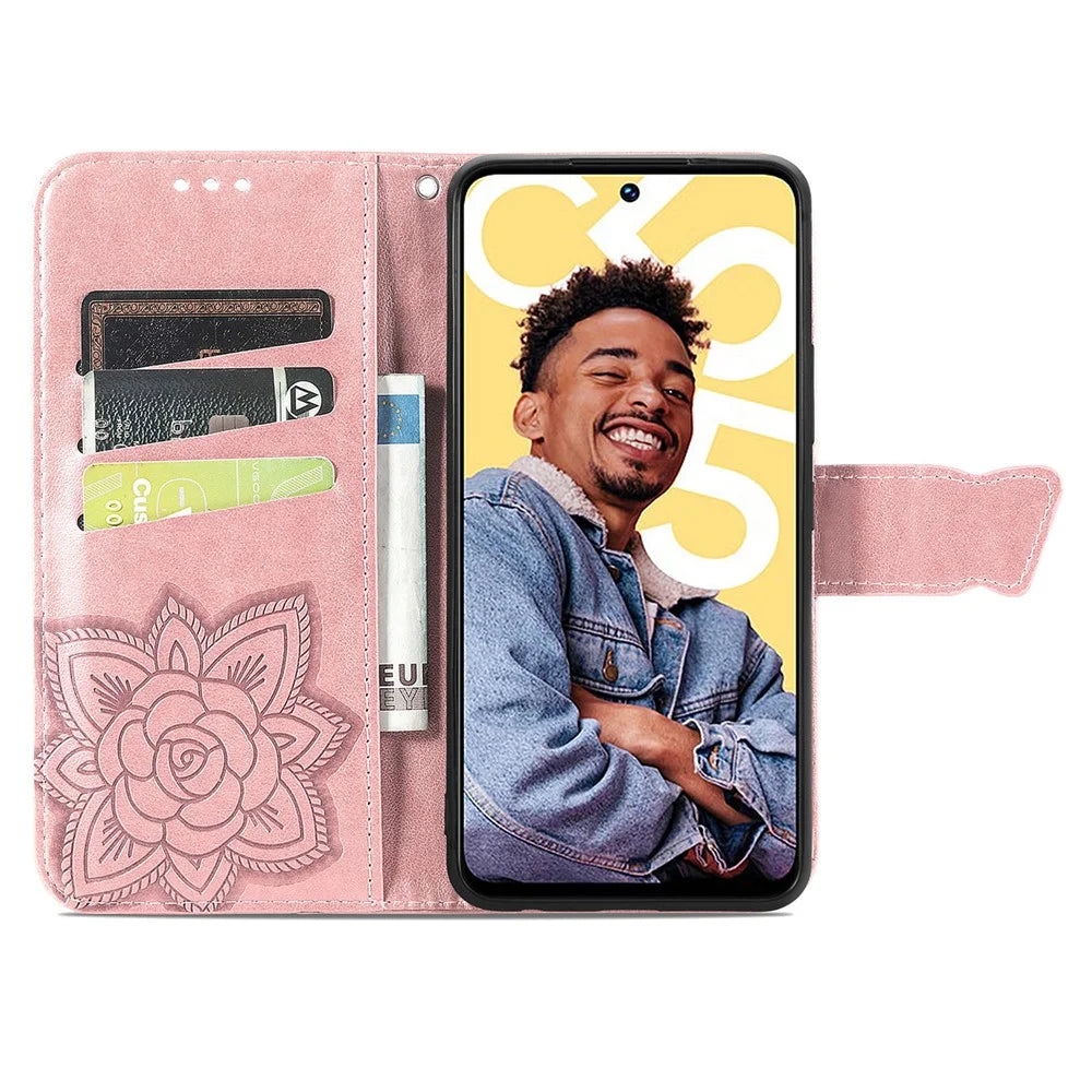 For Realme C55 4G Butterfly Imprint Leather Phone Case Wallet Phone Stand Cover - Rose Gold - 2