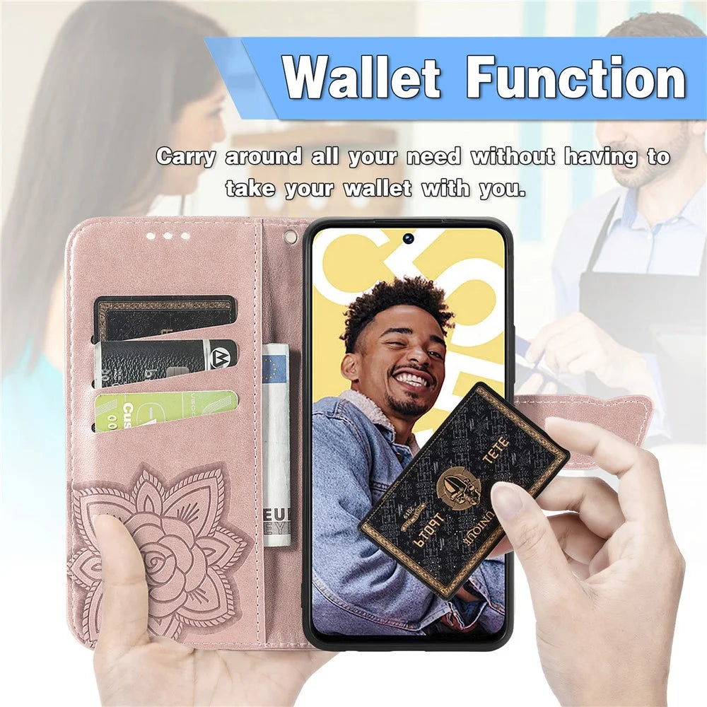 For Realme C55 4G Butterfly Imprint Leather Phone Case Wallet Phone Stand Cover - Rose Gold - 4