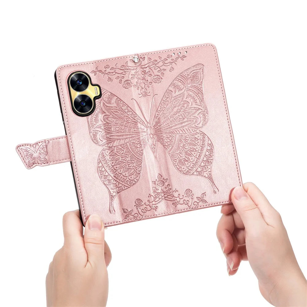 For Realme C55 4G Butterfly Imprint Leather Phone Case Wallet Phone Stand Cover - Rose Gold - 5