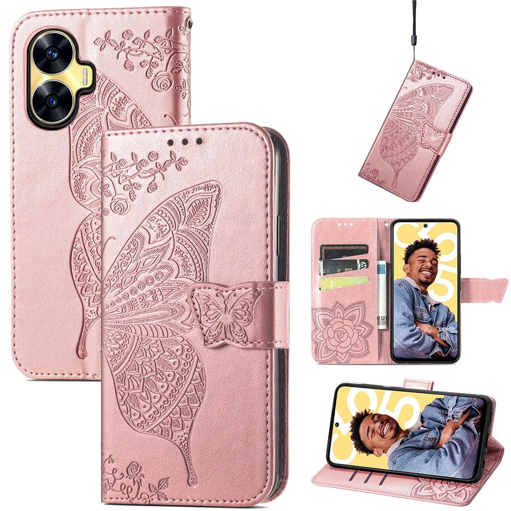 For Realme C55 4G Butterfly Imprint Leather Phone Case Wallet Phone Stand Cover - Rose Gold - 6