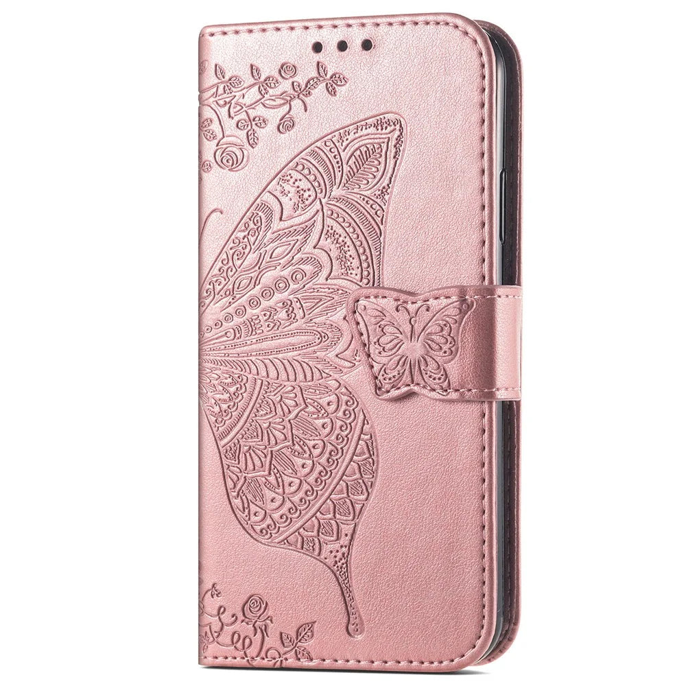 For Realme C55 4G Butterfly Imprint Leather Phone Case Wallet Phone Stand Cover - Rose Gold - 7