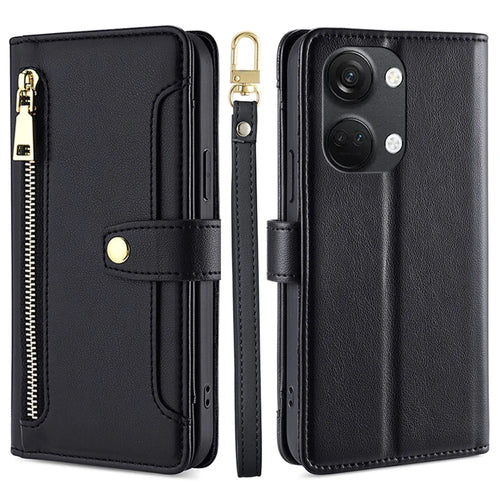 Leather Phone Cover for OnePlus Nord 3 5G / Ace 2V 5G Anti-Scratch Zipper Pocket Stand Wallet Case with 2 Straps - Black - 1