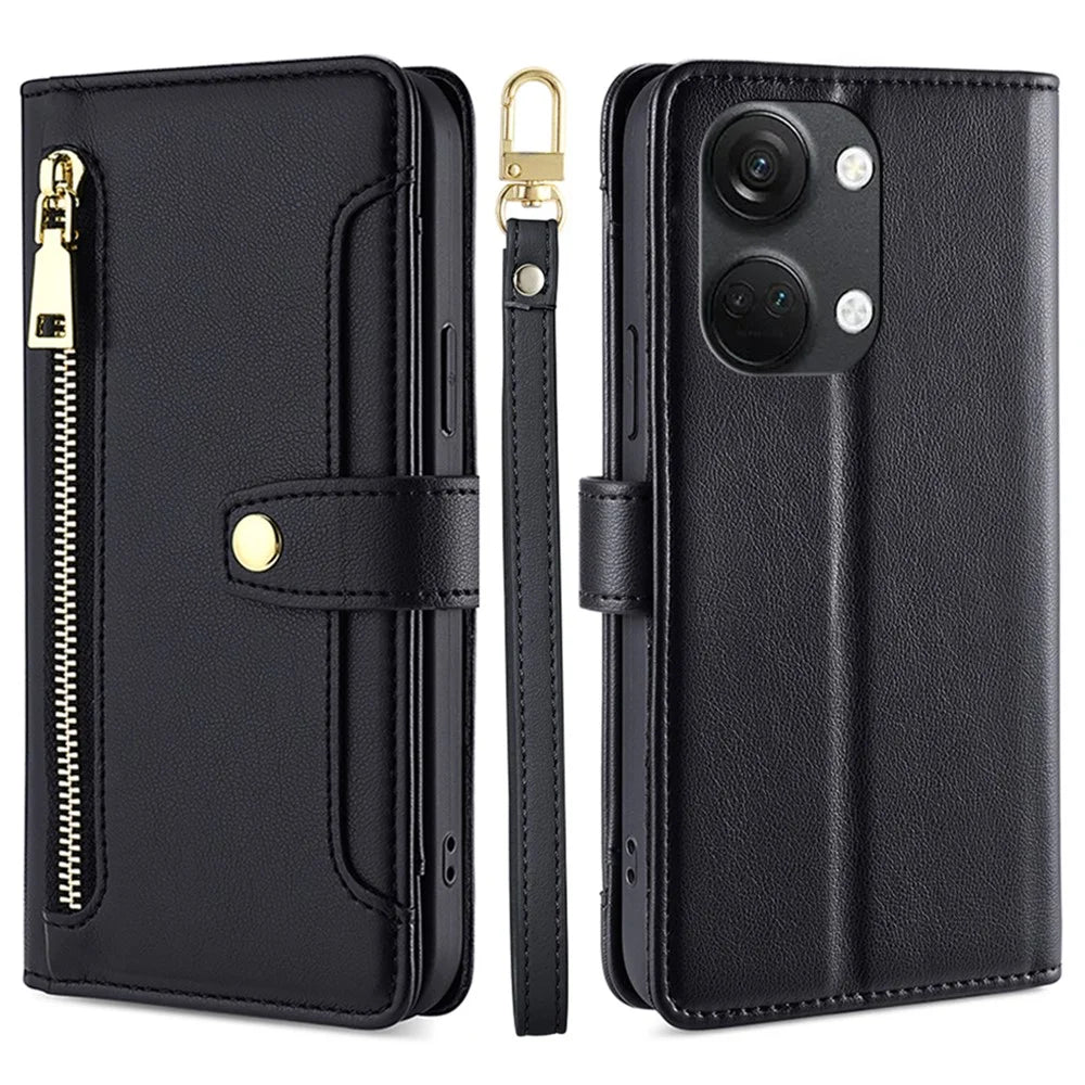 Leather Phone Cover for OnePlus Nord 3 5G / Ace 2V 5G Anti-Scratch Zipper Pocket Stand Wallet Case with 2 Straps - Black - 1