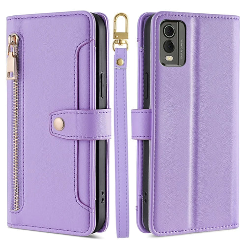 Fall Proof Flip Cover for Nokia C32 Zipper Pocket Stand Wallet Leather Phone Case with 2 Straps - Purple - 1