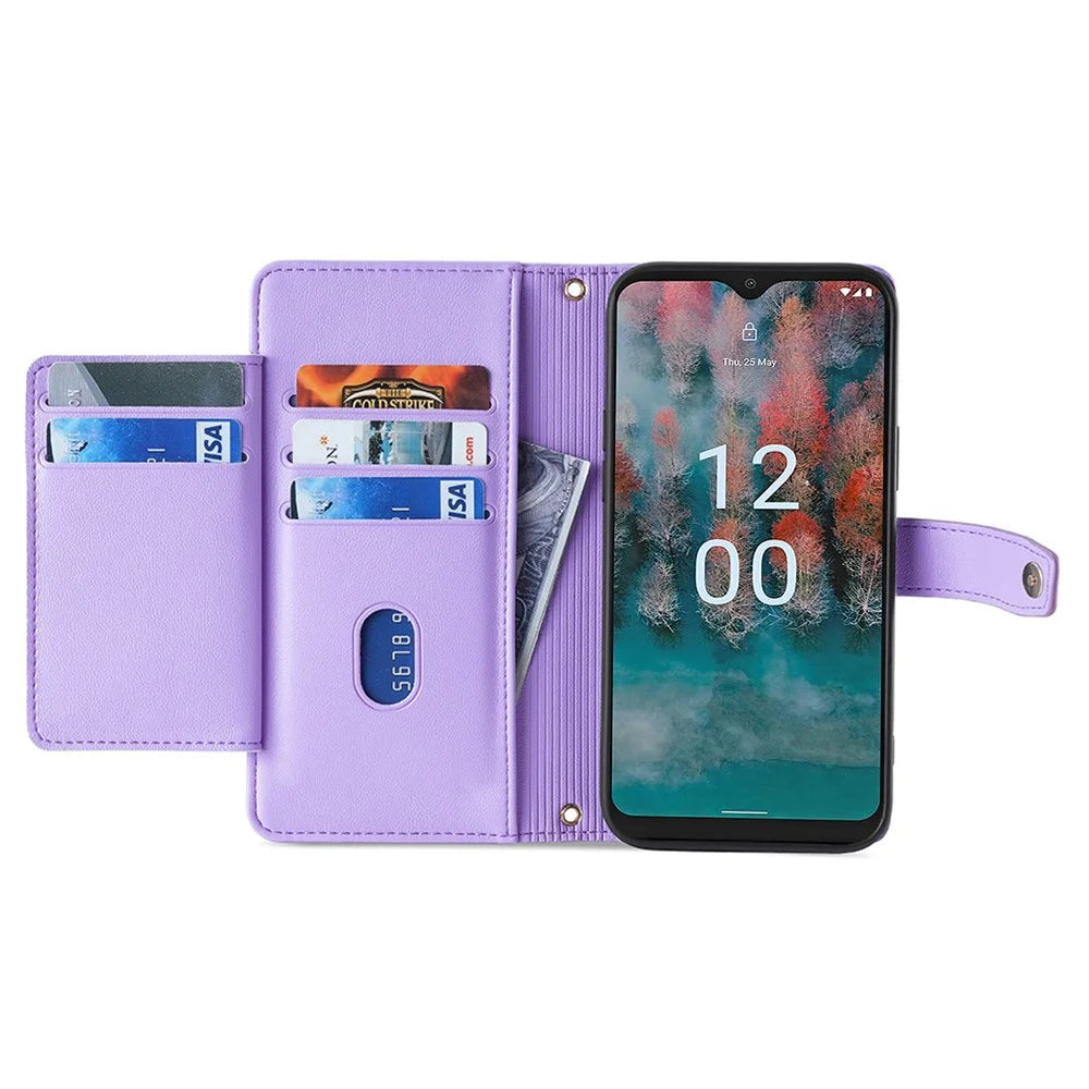 Fall Proof Flip Cover for Nokia C32 Zipper Pocket Stand Wallet Leather Phone Case with 2 Straps - Purple - 2