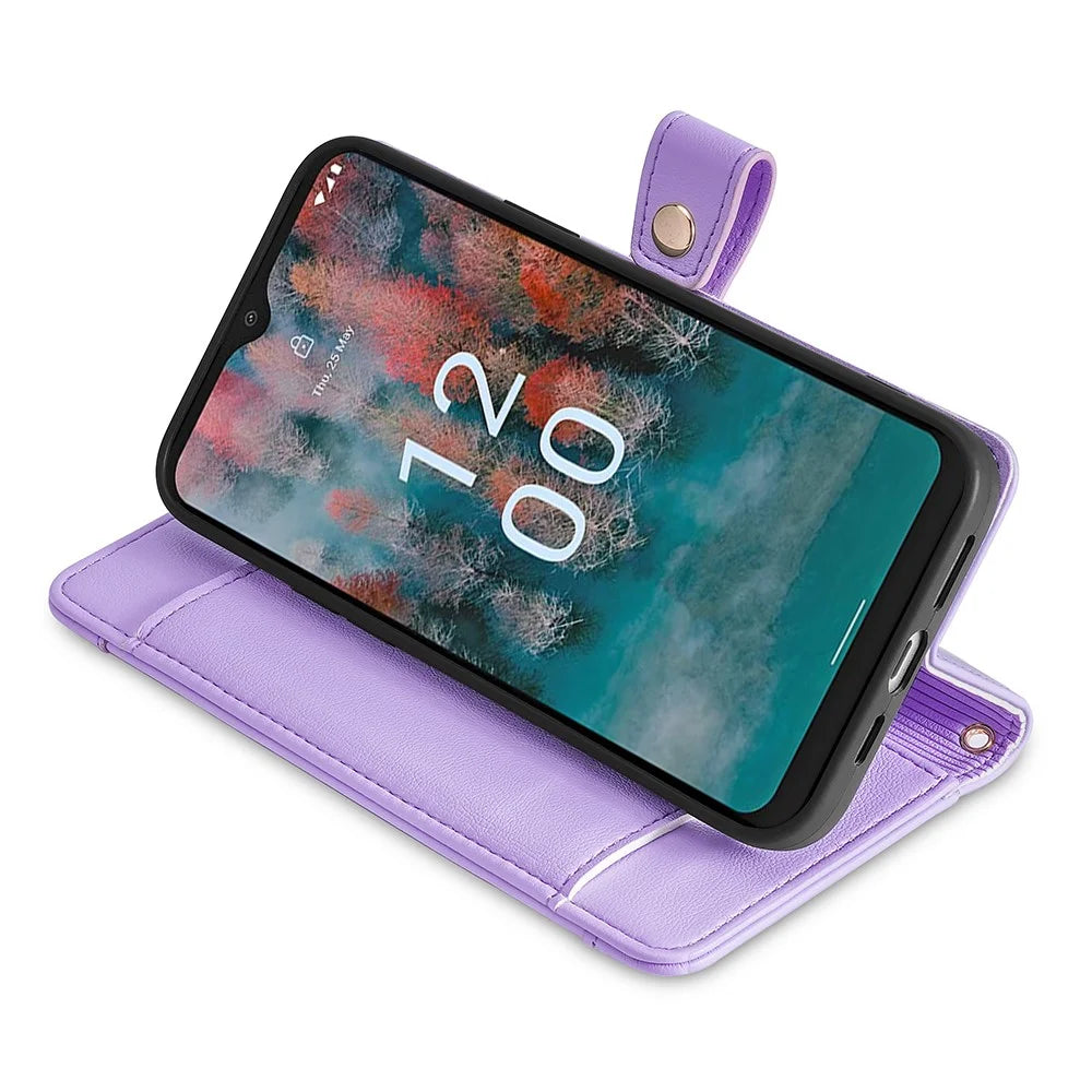 Fall Proof Flip Cover for Nokia C32 Zipper Pocket Stand Wallet Leather Phone Case with 2 Straps - Purple - 3