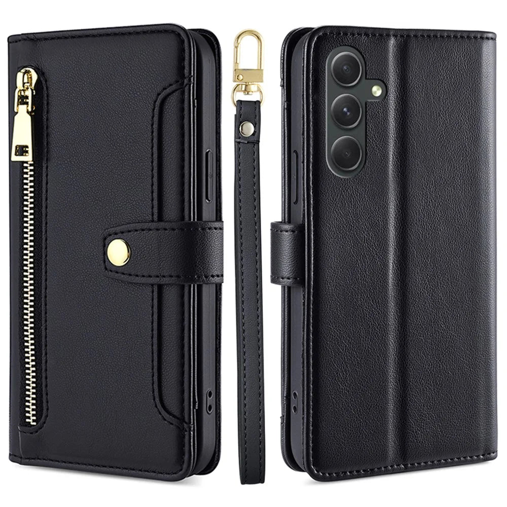 Stand Cover for Samsung Galaxy A54 5G Zipper Pocket Wallet Leather Phone Case with 2 Straps - Black - 1