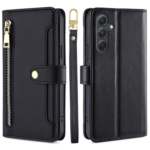 Stand Cover for Samsung Galaxy A54 5G Zipper Pocket Wallet Leather Phone Case with 2 Straps - Black - 1