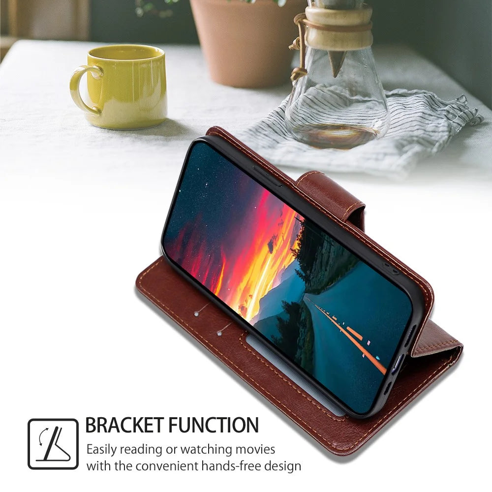 PU Leather Case for Samsung Galaxy A54 5G Magnetic Clasp Textured Cell Phone Stand Wallet Cover - Brown - 3