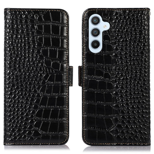For Samsung Galaxy M54 5G / F54 5G RFID Blocking Wallet Case Genuine Cowhide Leather Crocodile Texture Stand Phone Cover - Black - 1