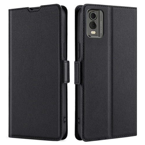 For Nokia C32 PU Leather Smartphone Case with Card Slot Scratch Resistant Phone Stand Cover - Black - 1