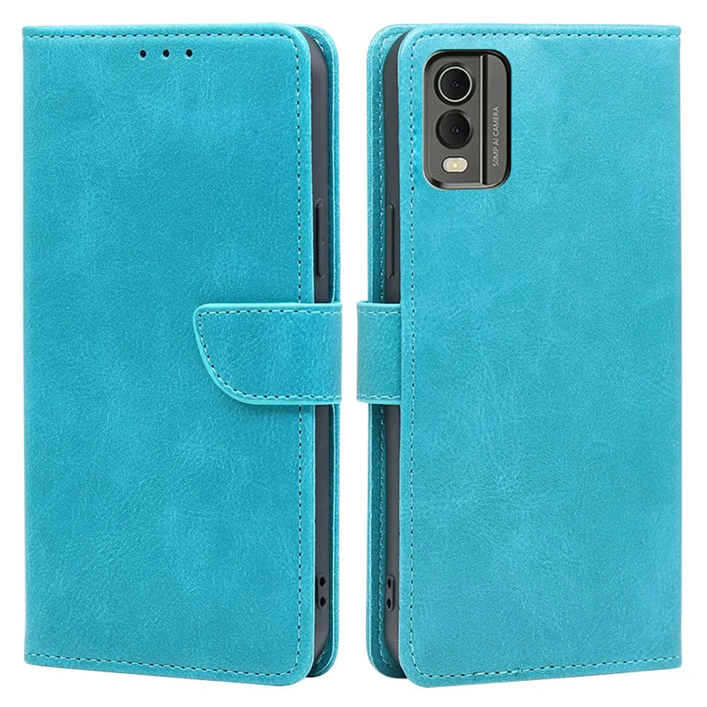 Phone Folio Cover for Nokia C32 Calf Texture Stand Wallet PU Leather + TPU Protective Case - Baby Blue - 1