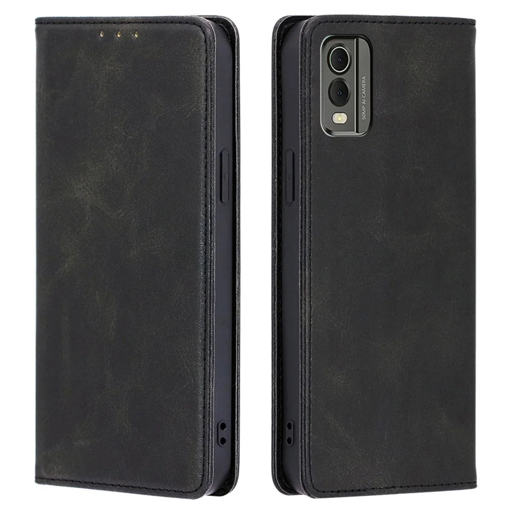 For Nokia C32 Calf Texture Case Magnetic Closing Foldable Stand PU Leather Wallet Phone Shell - Black - 1
