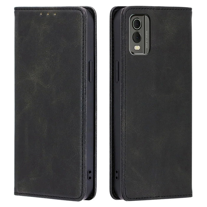 For Nokia C32 Calf Texture Case Magnetic Closing Foldable Stand PU Leather Wallet Phone Shell - Black - 1