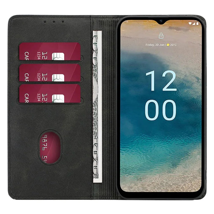 For Nokia C32 Calf Texture Case Magnetic Closing Foldable Stand PU Leather Wallet Phone Shell - Black - 2
