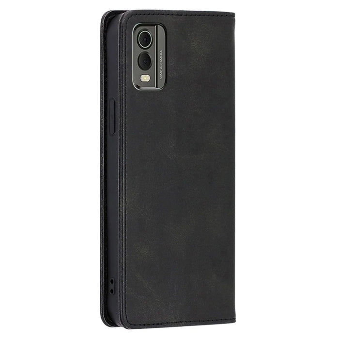 For Nokia C32 Calf Texture Case Magnetic Closing Foldable Stand PU Leather Wallet Phone Shell - Black - 6