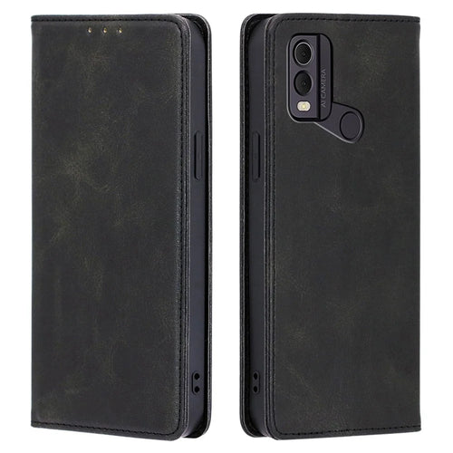 For Nokia C22 Drop Resistant Calf Texture Case Magnetic Closing Stand PU Leather Wallet Phone Shell - Black - 1