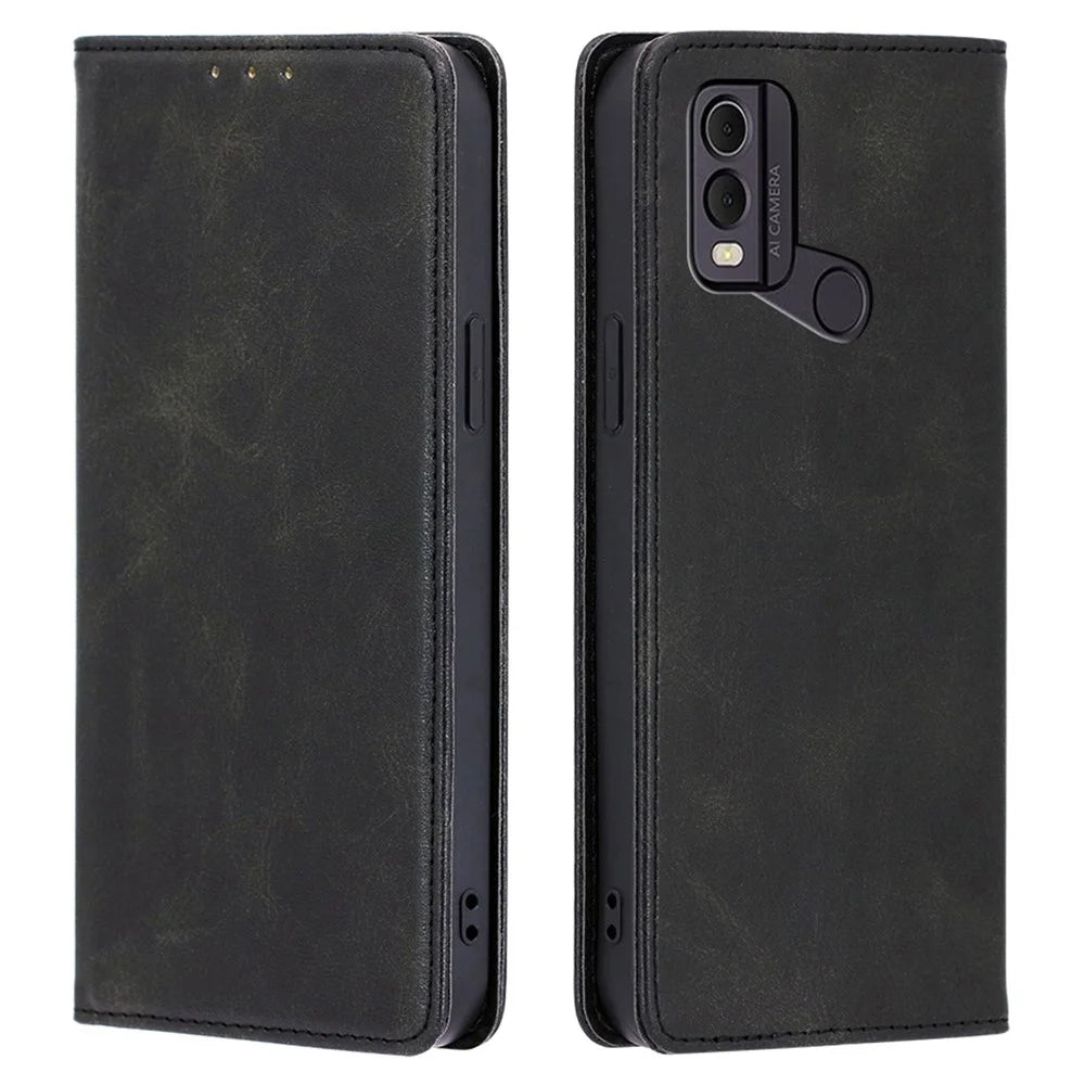 For Nokia C22 Drop Resistant Calf Texture Case Magnetic Closing Stand PU Leather Wallet Phone Shell - Black - 1