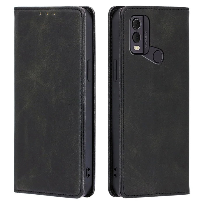 For Nokia C22 Drop Resistant Calf Texture Case Magnetic Closing Stand PU Leather Wallet Phone Shell - Black - 1