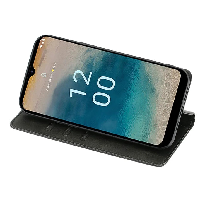 For Nokia C22 Drop Resistant Calf Texture Case Magnetic Closing Stand PU Leather Wallet Phone Shell - Black - 3