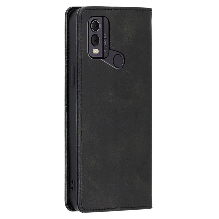 For Nokia C22 Drop Resistant Calf Texture Case Magnetic Closing Stand PU Leather Wallet Phone Shell - Black - 6