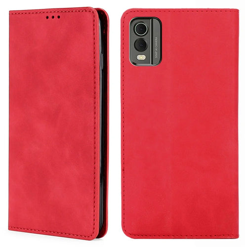 Phone Stand Case for Nokia C32 Skin-touch PU Leather Card Holder Shockproof Flip Cover - Red - 1