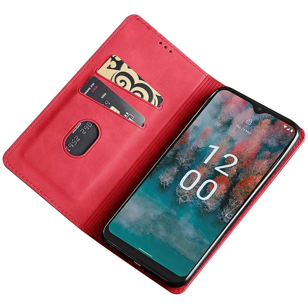 Phone Stand Case for Nokia C32 Skin-touch PU Leather Card Holder Shockproof Flip Cover - Red - 2